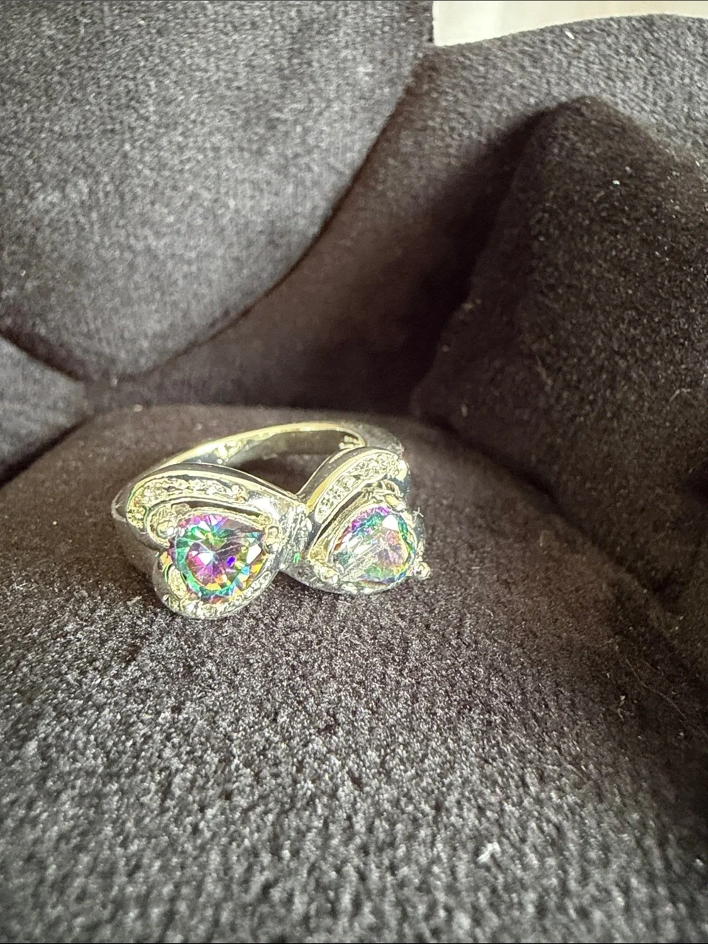 Silver Heart Double Stone Ring with Mystic Rainbow CZ